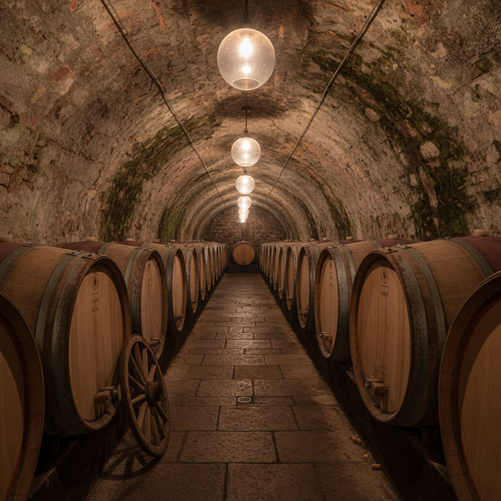 French oak barrels stacked in underground barrel cave with stone walls lit by warm pendant lights