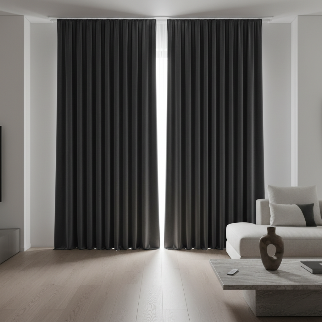 Deep charcoal velvet curtains with floor-to-ceiling installation and motorized track in minimalist luxury setting
