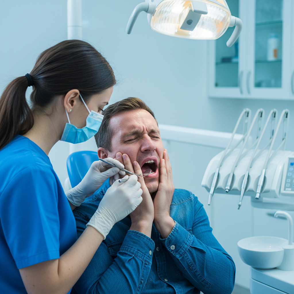 Dentist examining a patient in pain during an emergency dental visit