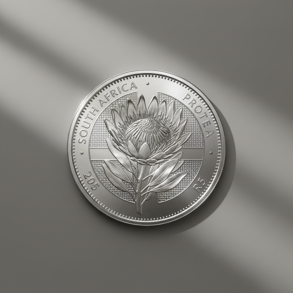 Silver Protea commemorative coin reflecting studio light