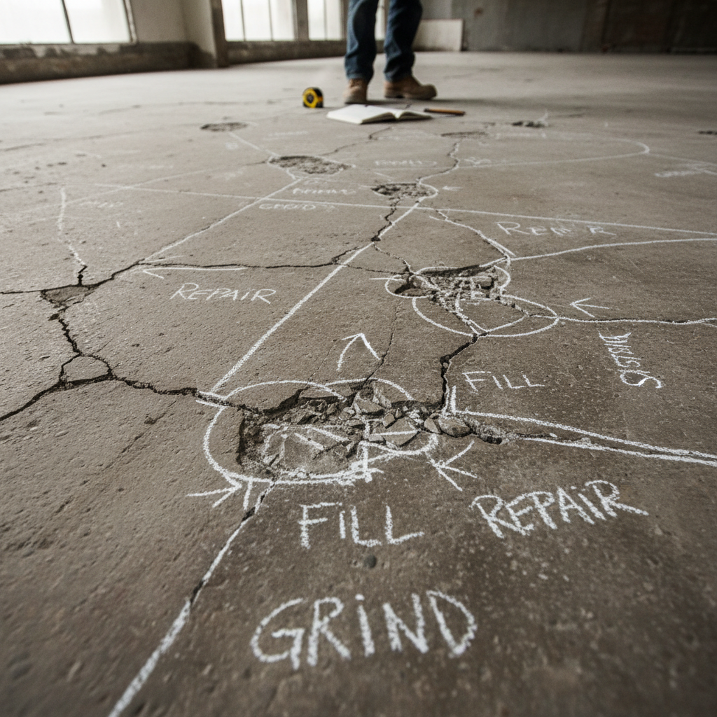Cracked concrete floor being assessed before polishing, showing repair markings in chalk