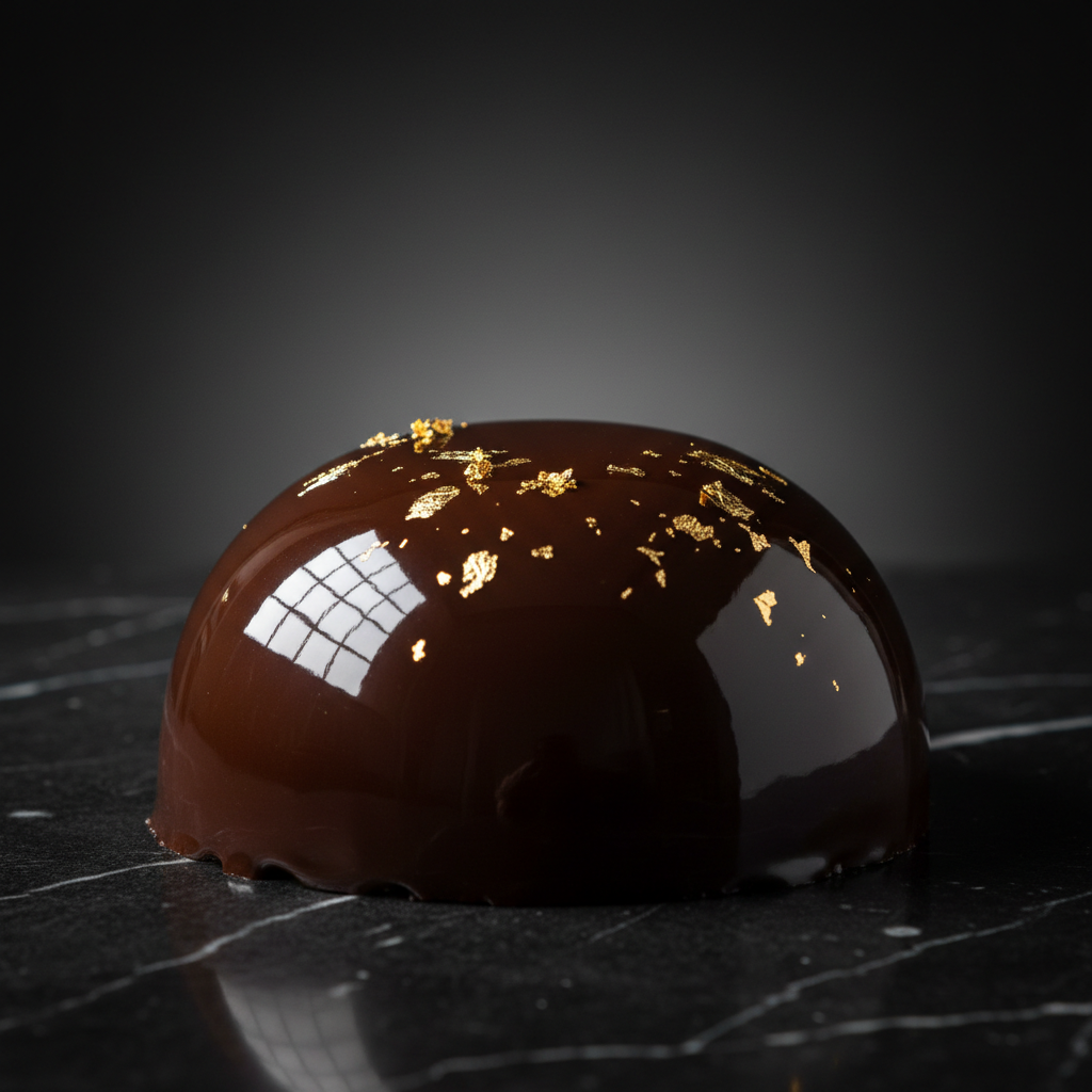 Dark chocolate ganache cake with glossy mirror glaze and gold dust on black slate board