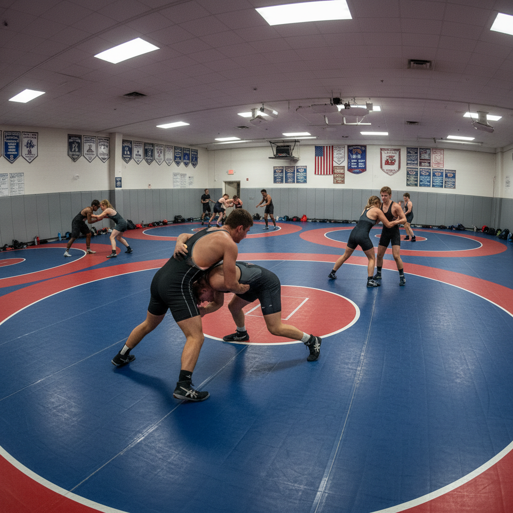 Wrestlers drilling technique in pairs on a wrestling room mat with blue and red circles