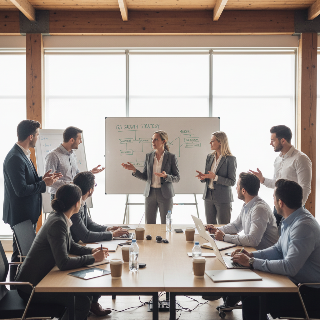 Business strategy whiteboard with charts and plans in bright modern office, open airy workspace