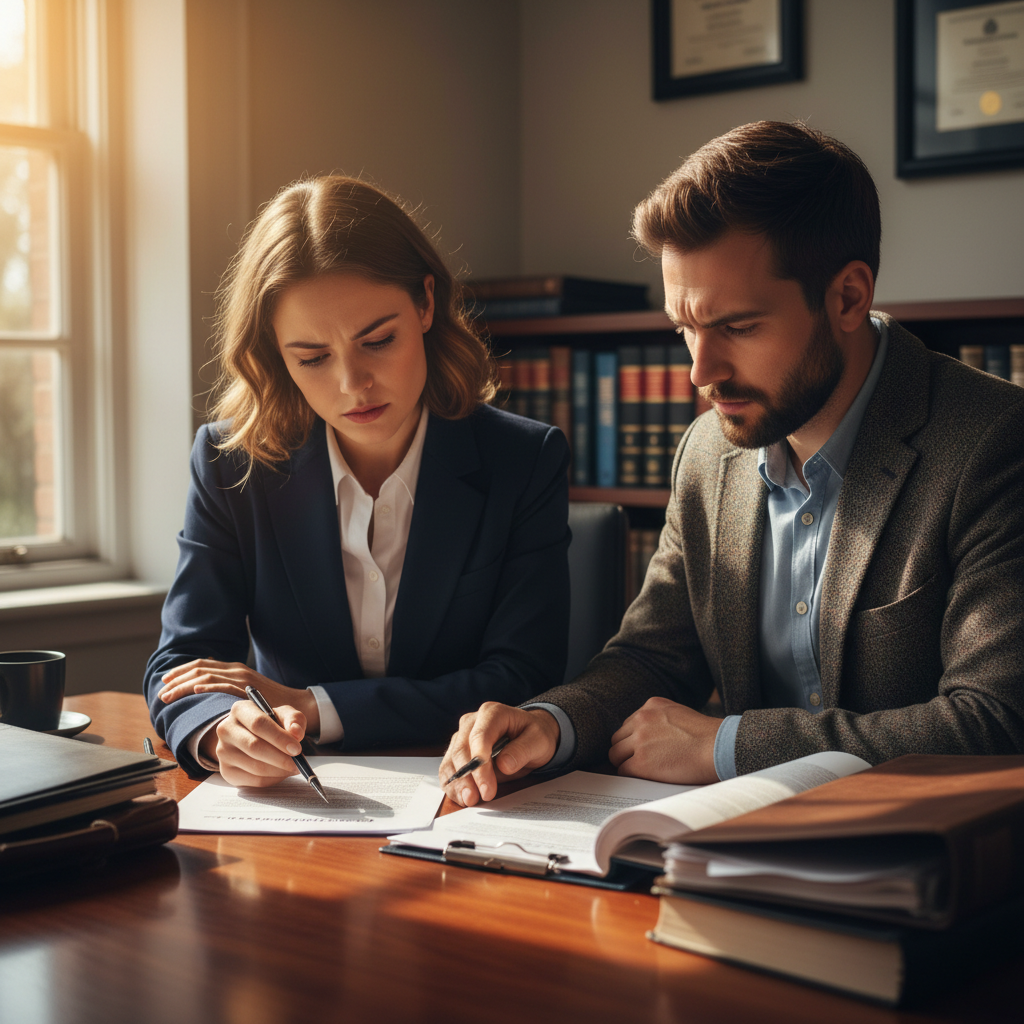 Immigration consultant and client seated across a desk with documents spread between them, soft window light on papers