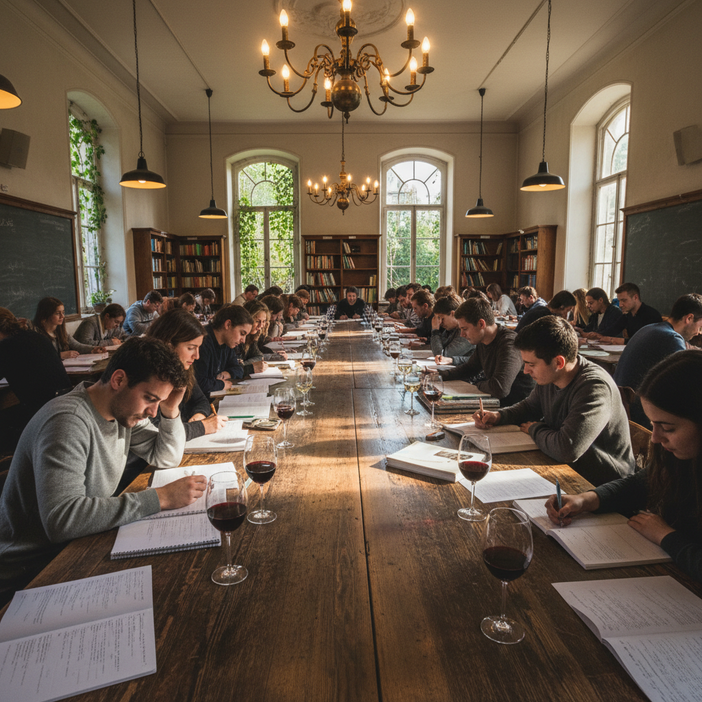 Students sitting at long wooden tables with wine glasses and open notebooks in warm classroom light
