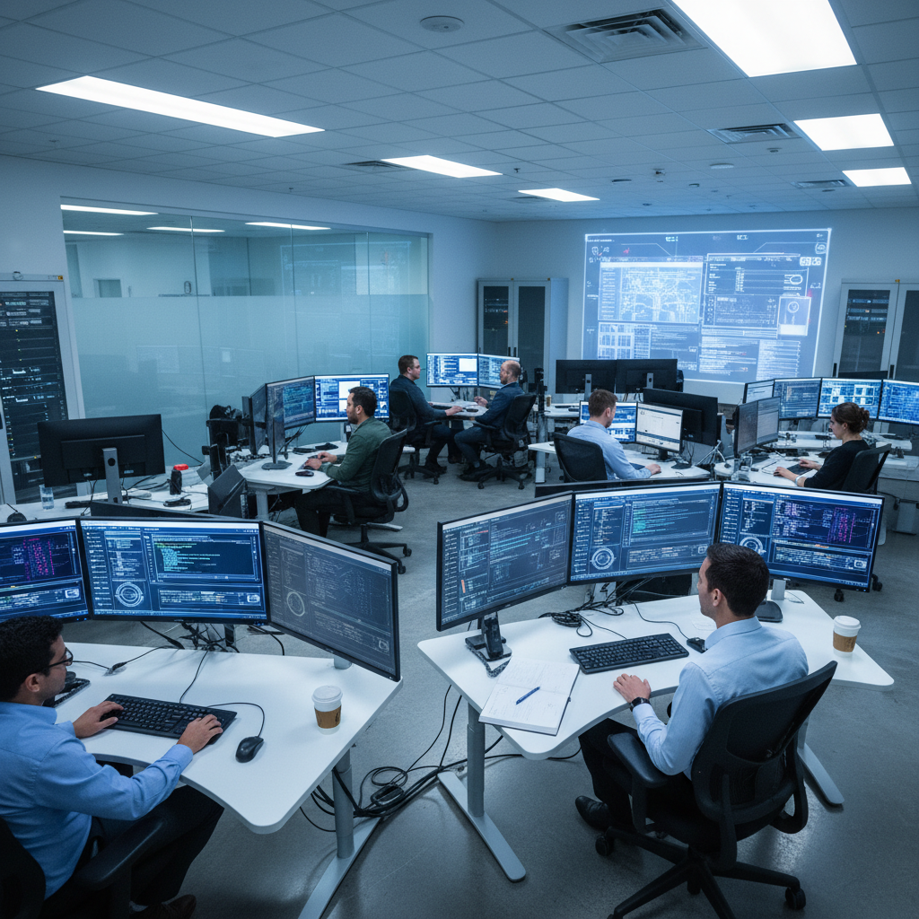 Modern broadcast control room with multiple monitors and IP routing equipment