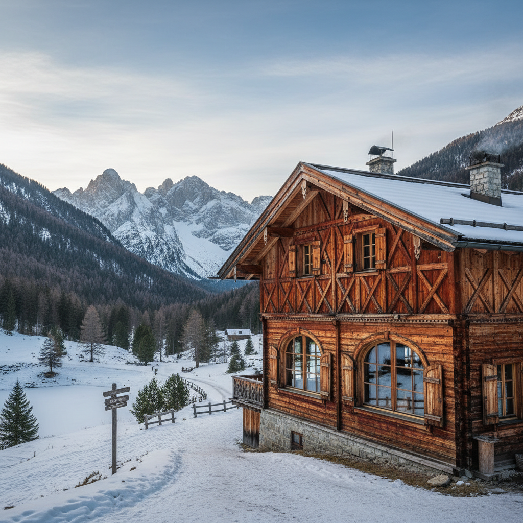 Traditional alpine lodge with wooden facade and panoramic mountain views in Zermatt Switzerland