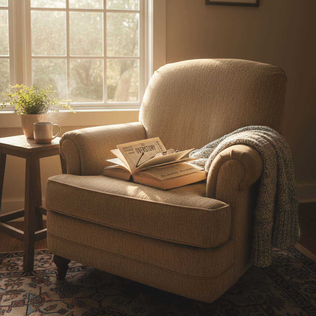 Book open on wooden table with reading glasses, morning sunlight streaming through window, bright airy setting
