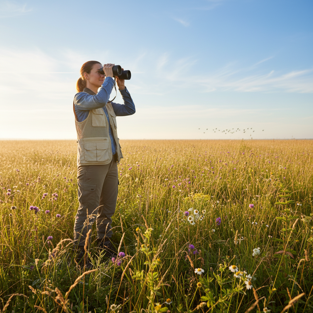 Researcher in bright field meadow studying birds with binoculars, golden morning light, open landscape, clear blue sky