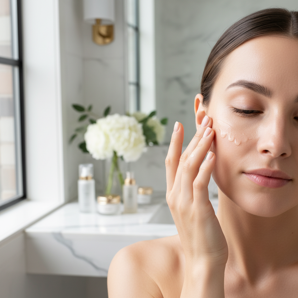 Woman applying luxurious body lotion to smooth glowing skin in a bright bathroom