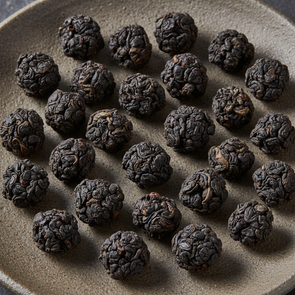 Dark twisted oolong tea leaves arranged on unglazed ceramic beside a small Yixing pot