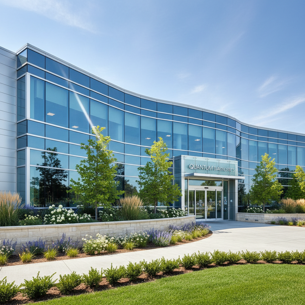 Modern medical office plaza exterior, clean professional healthcare building design in daylight