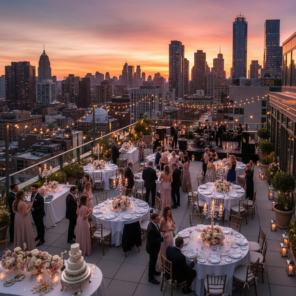 Elegant rooftop dinner party in Manhattan with city skyline views