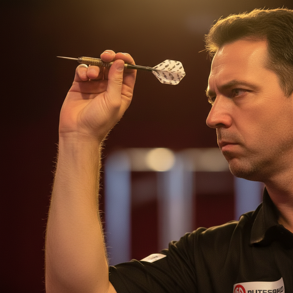 Darts player arm cocked at release point, dart between fingertips, face lit by overhead tungsten spotlight, crowd a bokeh blur of ruby and chrome behind them