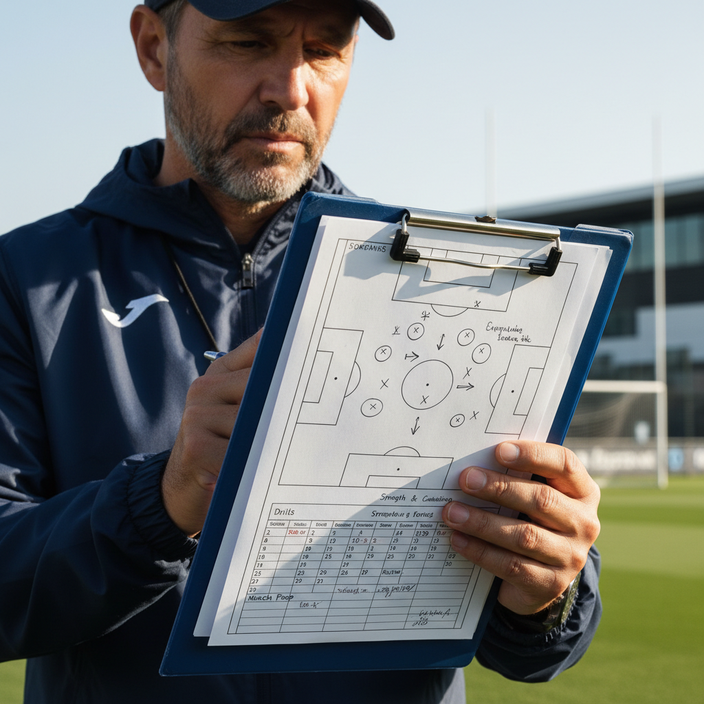 Coach on sideline reviewing clipboard during a sports match