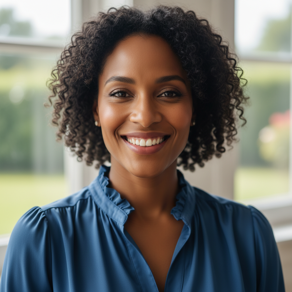 Portrait of a confident South African woman smiling warmly, professional setting