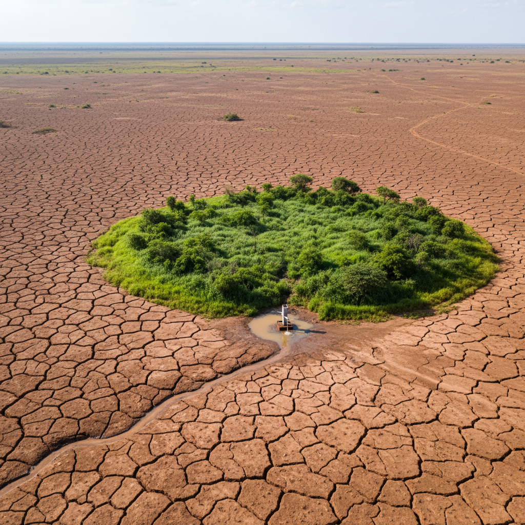 Aerial view of cracked dry earth in the Sahel transitioning to a lush green patch around a new borehole