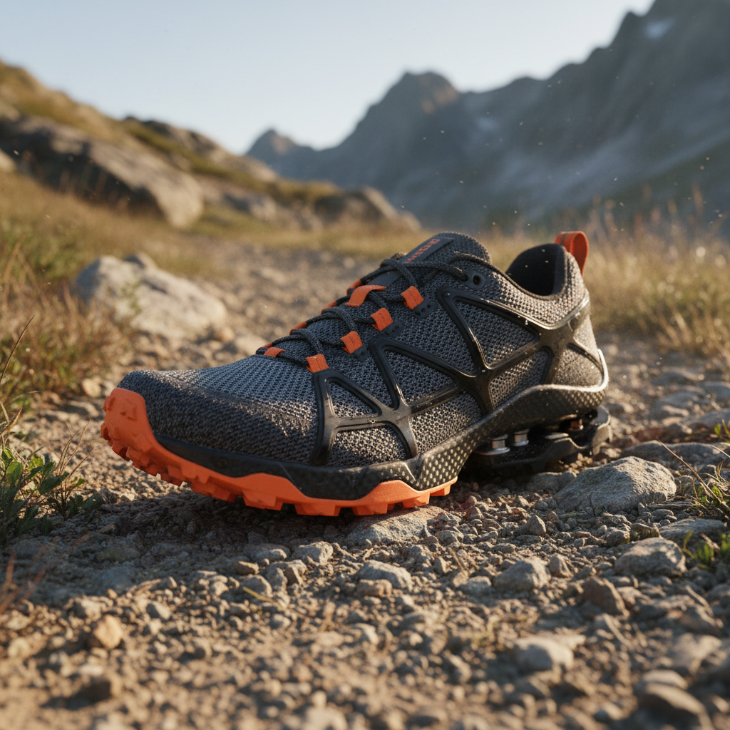 Vibrant orange and grey trail running shoe on bright clean white background