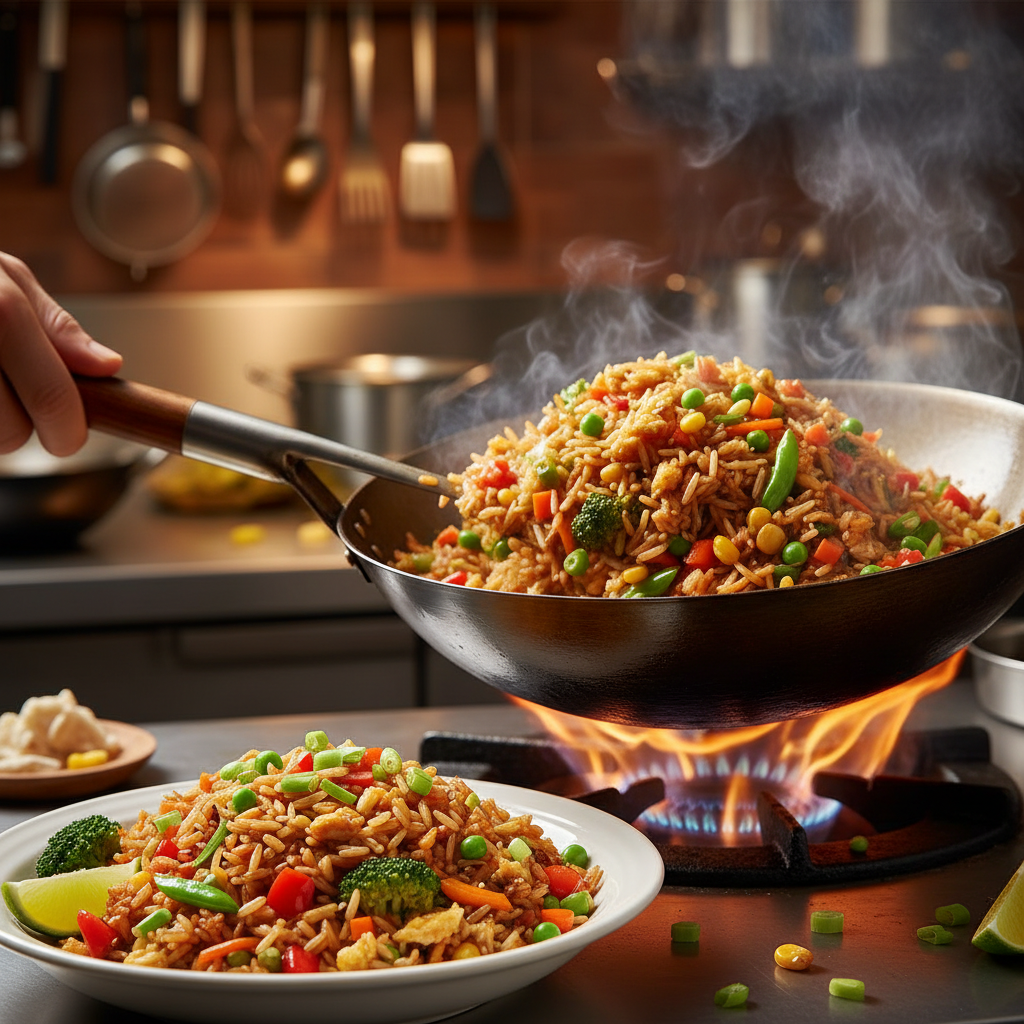 Veg Fried Rice — Wok-tossed vegetable fried rice, Indian café food photography with warm colours and appetising presentation