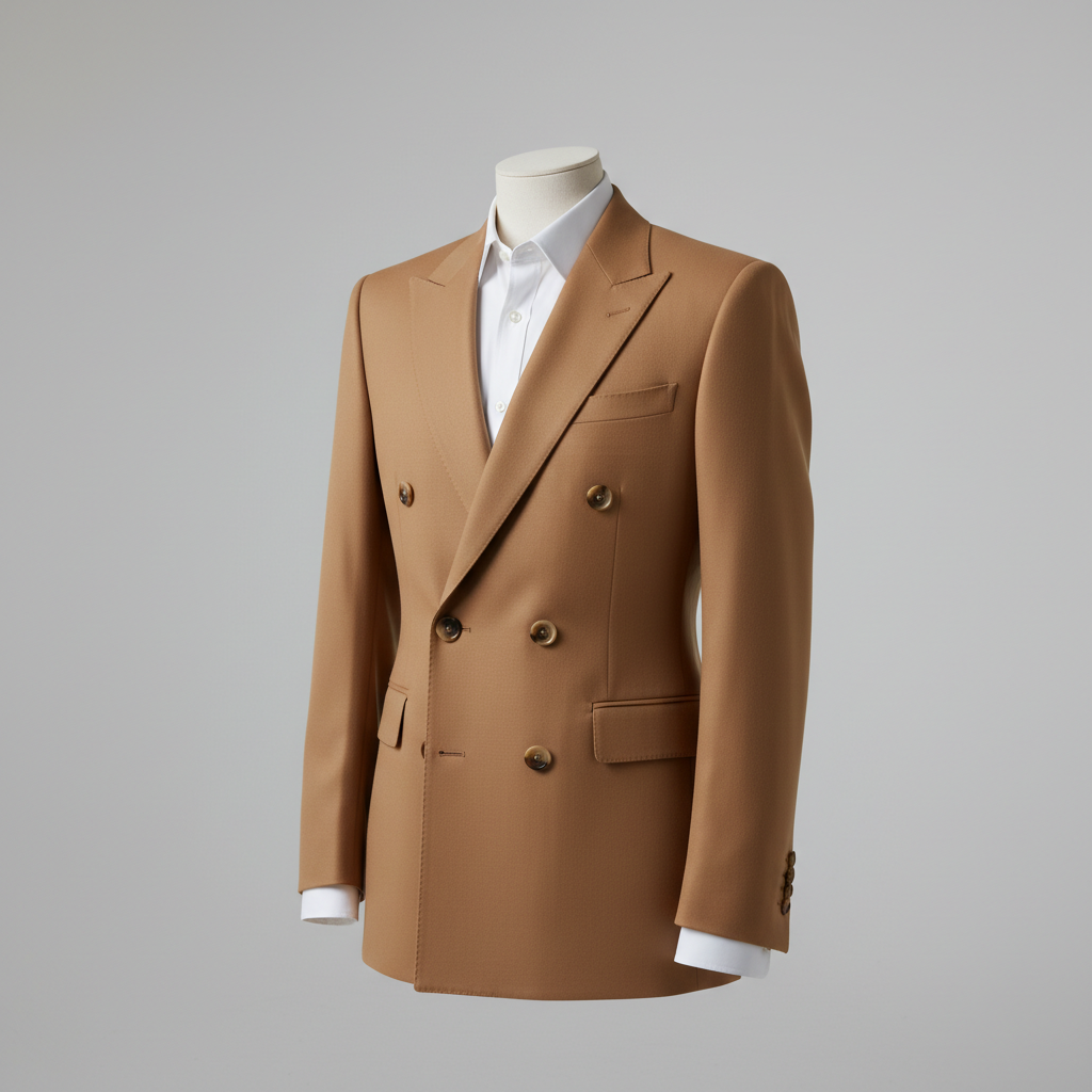 Structured tailored blazer in camel tone, clean white studio, well-lit professional photo