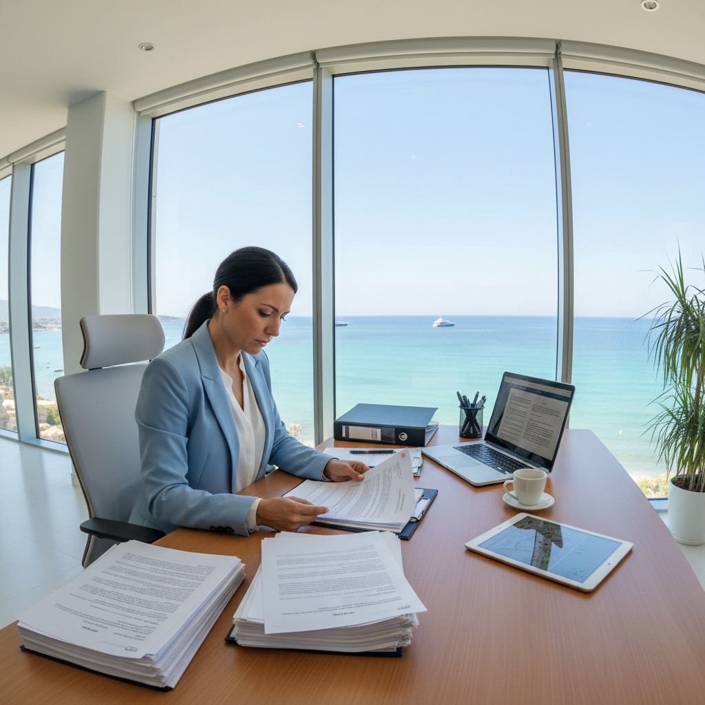Professional notary in a modern Dutch office, sitting across from a client, reviewing documents, bright natural light