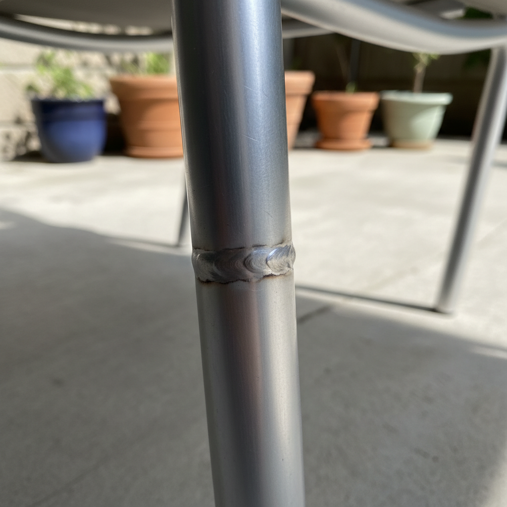 Aluminum patio chair leg after TIG weld repair — invisible seam on thin-wall tube