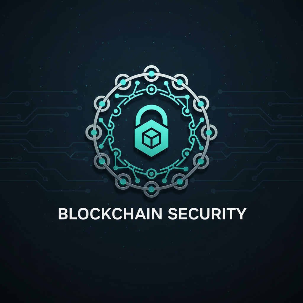 Blockchain security certification with glowing chain nodes on dark background
