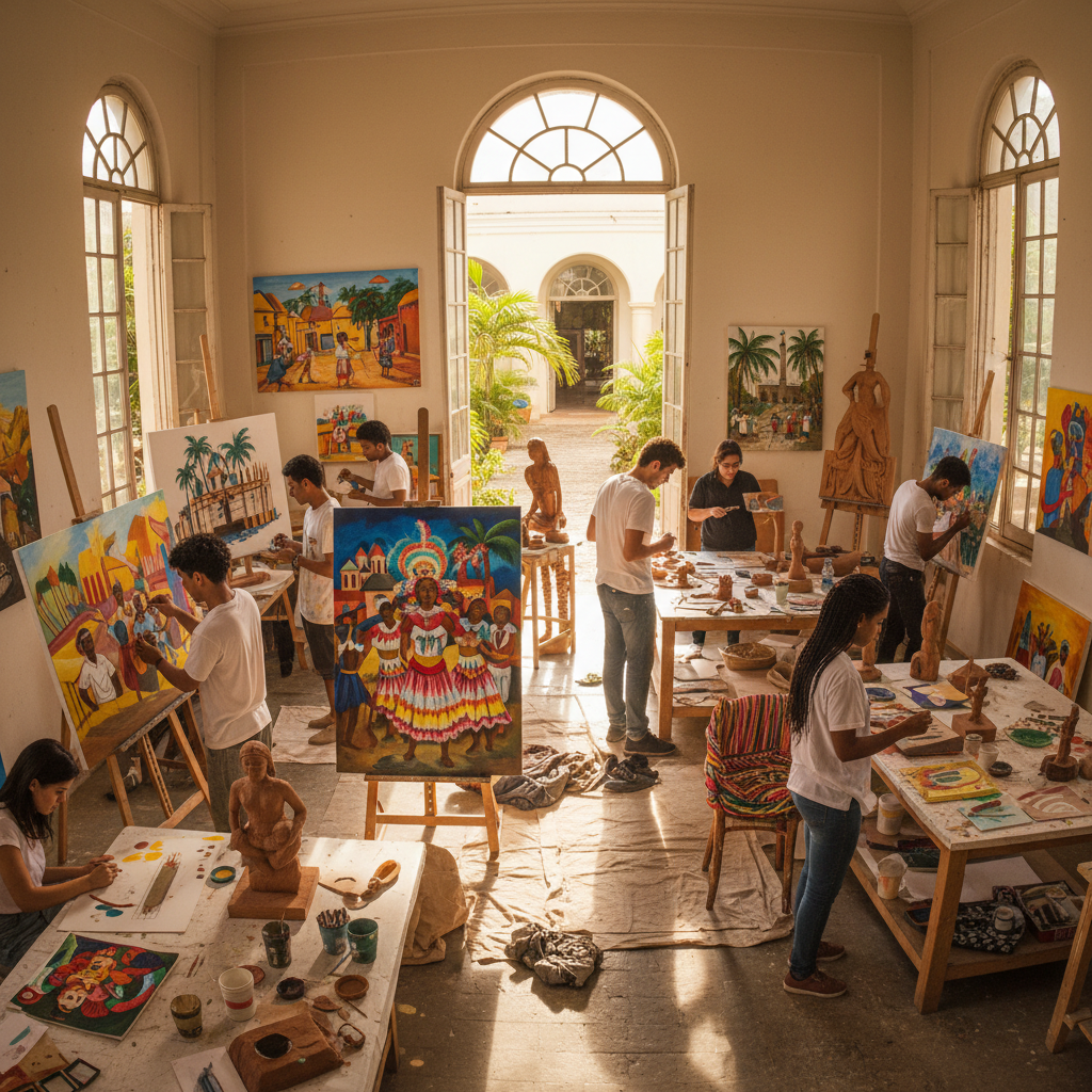 Colorful acrylic paintings on canvas with bright pastels in a well-lit art studio