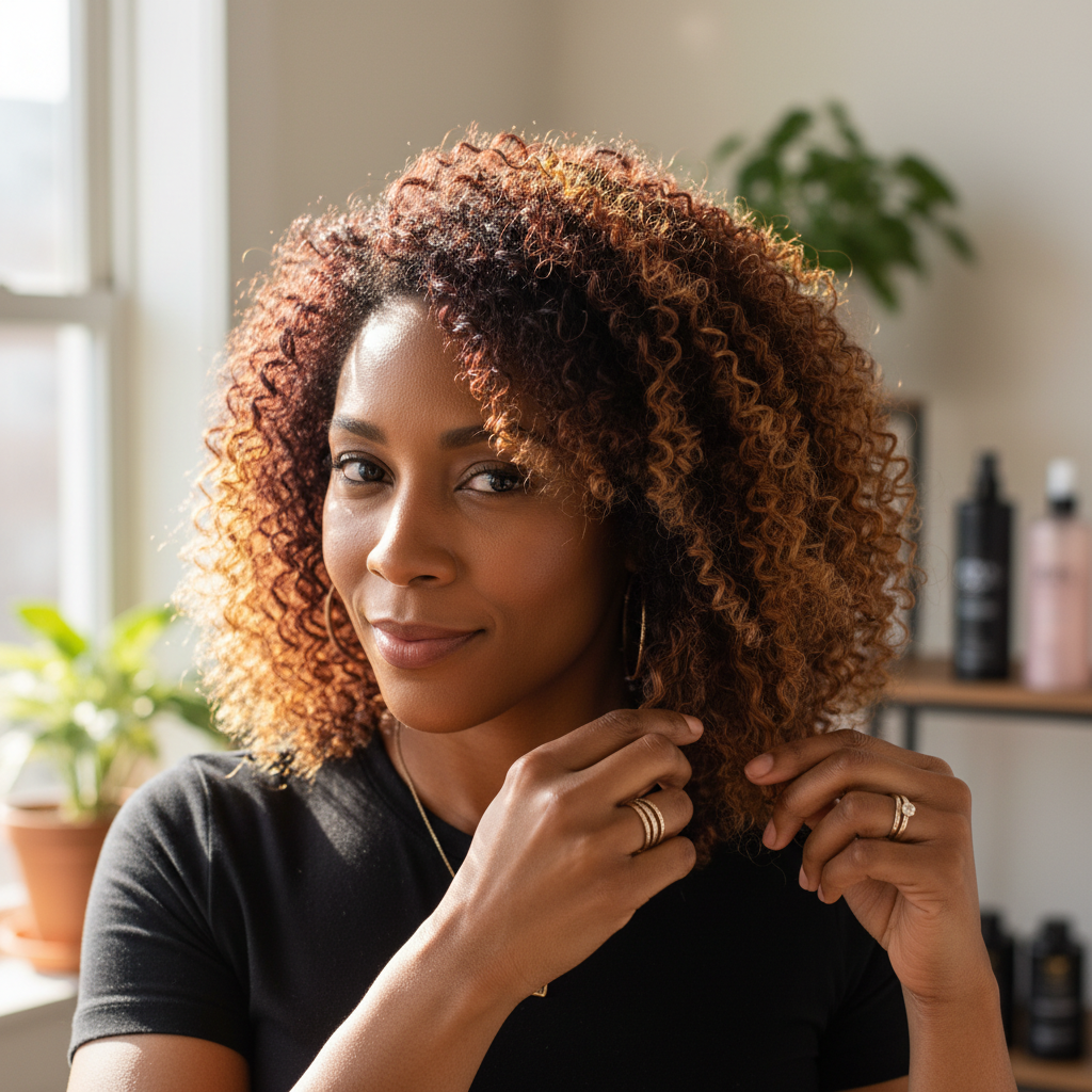 Black woman with natural curls and bright smile in casual setting