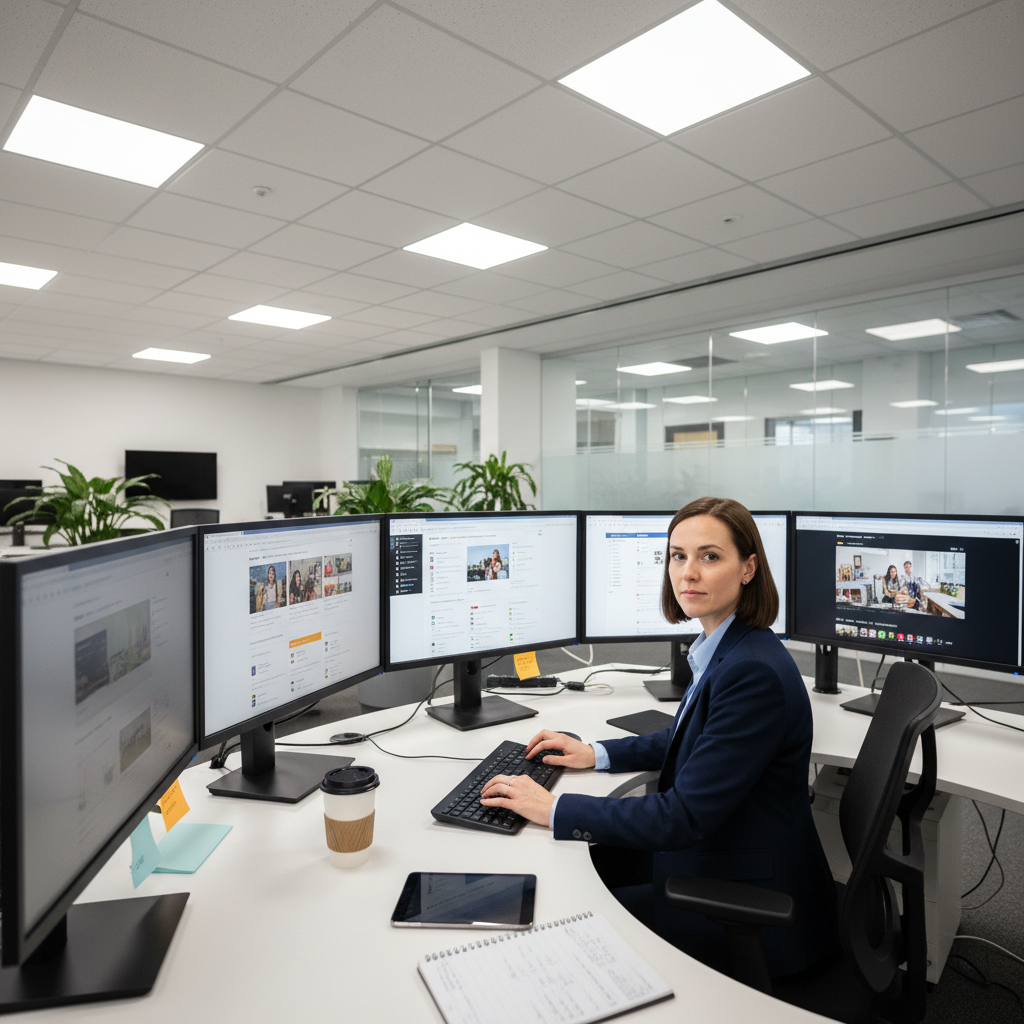 School communications director using multiple screens to publish content across district websites and social media