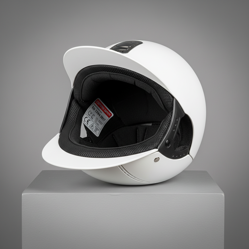 Close-up of a certified riding helmet showing the safety certification sticker inside the liner