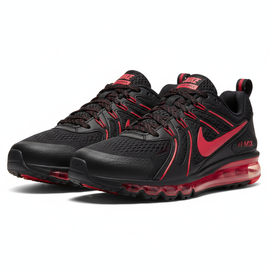 Air Max shoes in vibrant red against clean white background with dramatic studio lighting