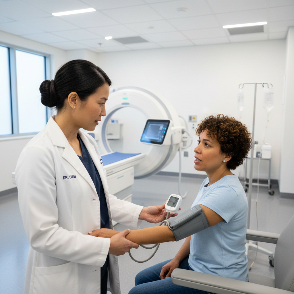 Medico che misura la pressione sanguigna a un paziente, ambiente medico professionale e pulito