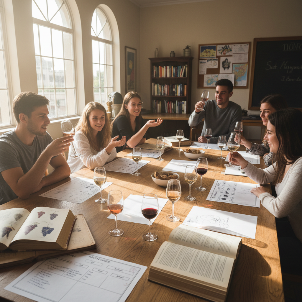 Students gathered around a table covered in wine books, tasting mats, and handwritten notes