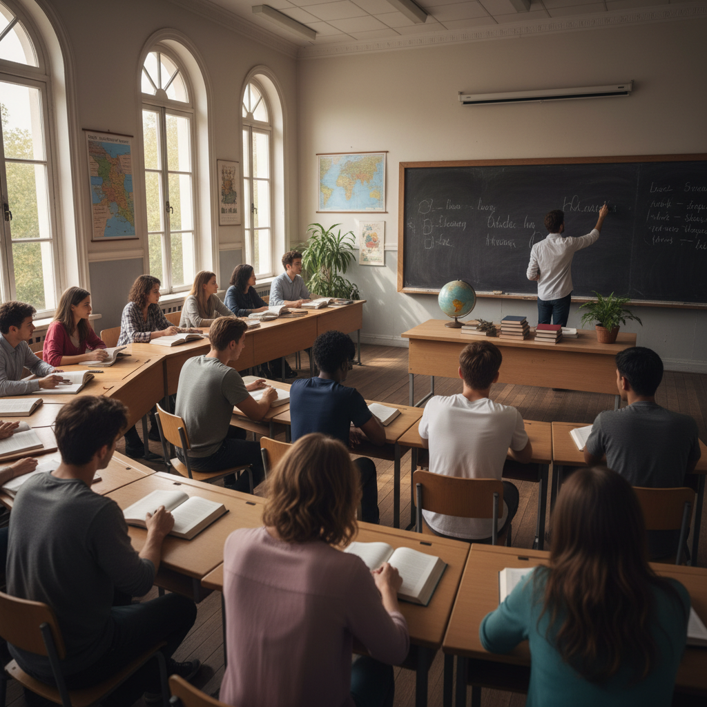 Students engaged in language learning activities in a classroom