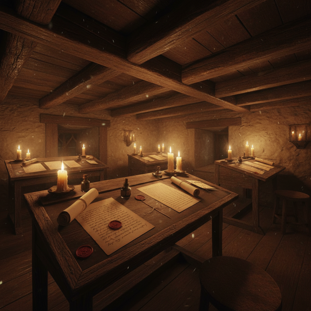 Copperplate script on cream paper, warm candlelit atmosphere, deep dark shadows at edges