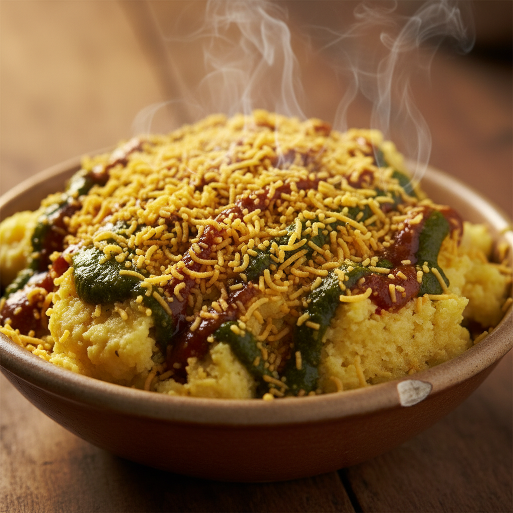 Steaming bowl of locho garnished with sev and chutney, dark warm food stall atmosphere