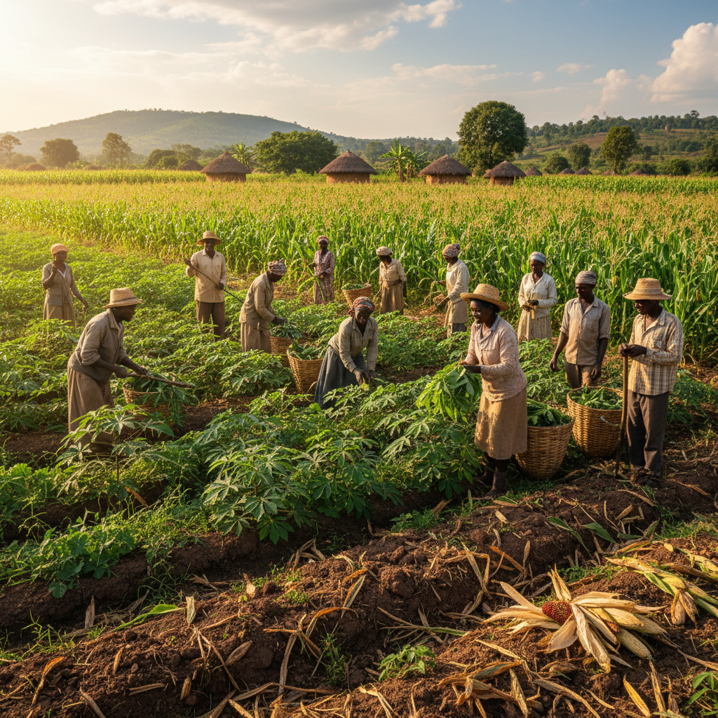 African farmer harvesting yam in a lush green field, golden hour light, rich soil, authentic agricultural scene