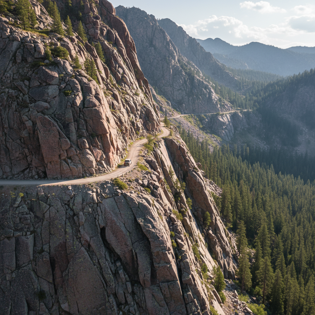 Narrow shelf road cut into granite mountainside with dramatic drop-off and pine forest below