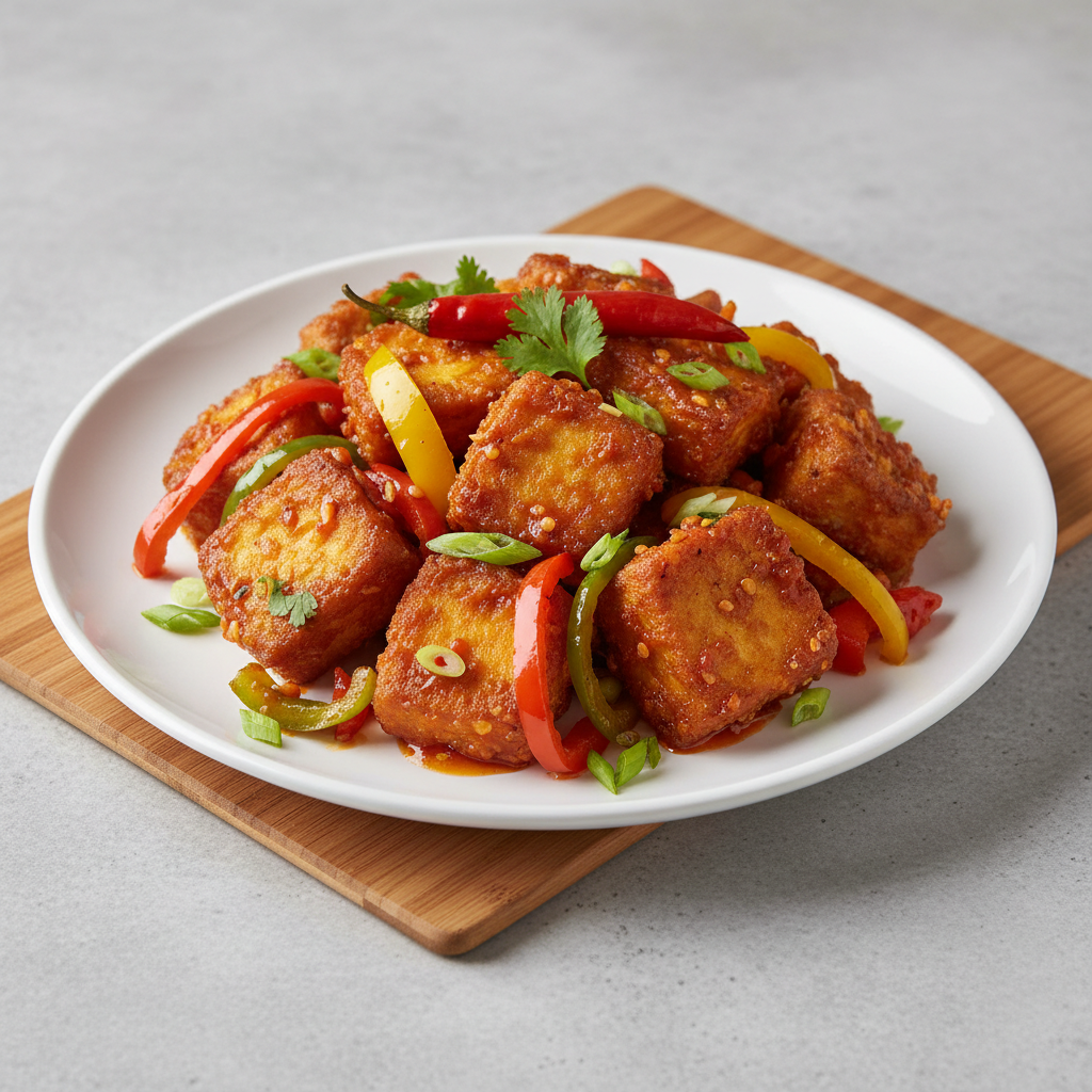 Golden crispy paneer cubes with colorful bell peppers in chilli sauce on a dark plate