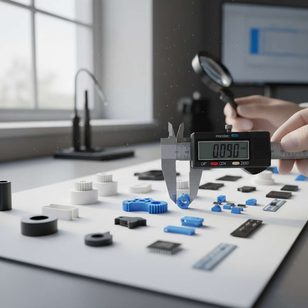 Prototype plastic parts and sample components being inspected for quality and dimensional accuracy