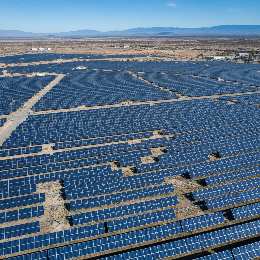 Aerial view of large commercial solar installation in Florida with mounting rails visible