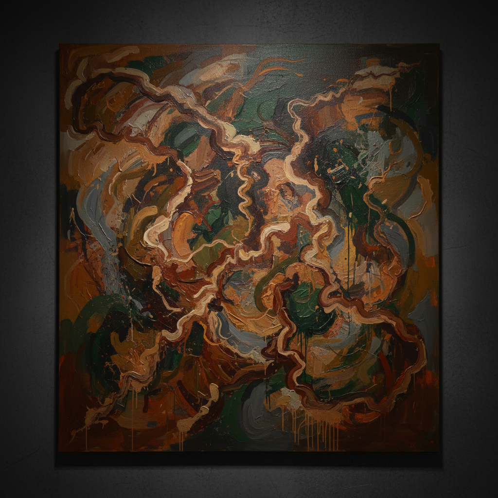 Abstract painting with rich earth tones and geometric patterns on canvas
