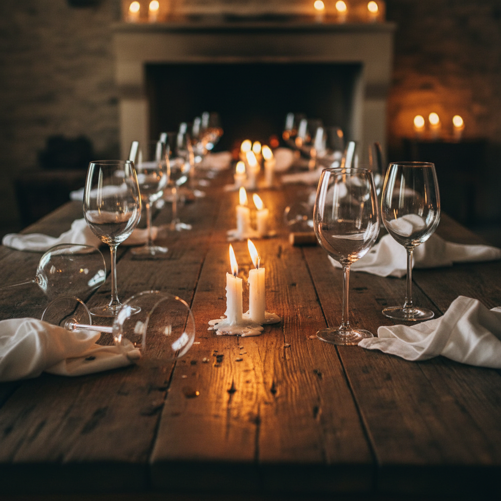Candles burning low on wooden communal table with empty wine glasses and crumpled linen napkins