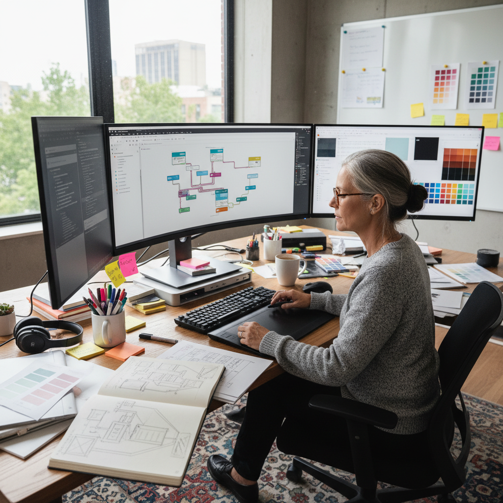 Senior product designer sitting at a desk with multiple screens showing design work, candid working photo