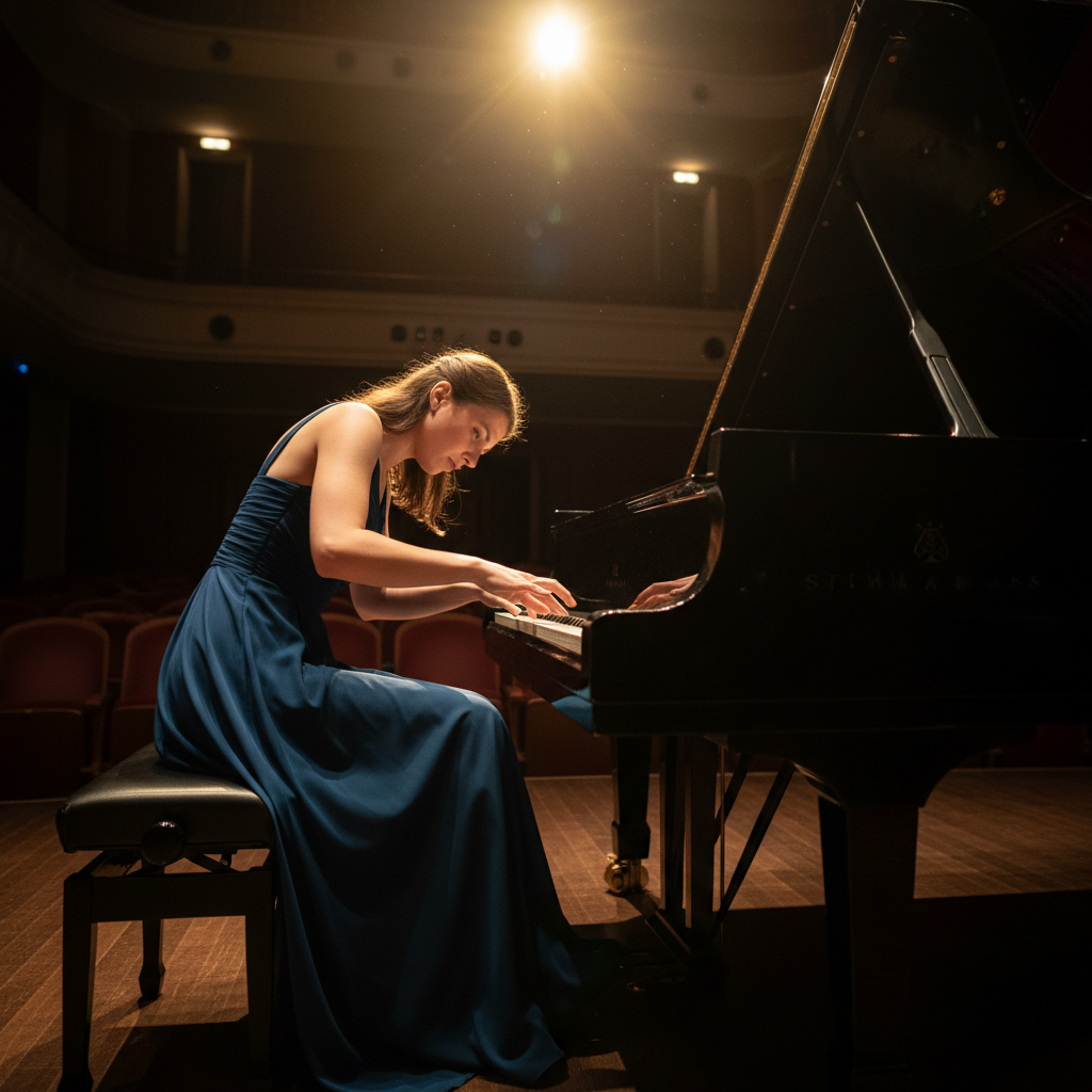 Pianist spiller grand piano i mørk konsertsal med dramatisk spotlys ovenfra