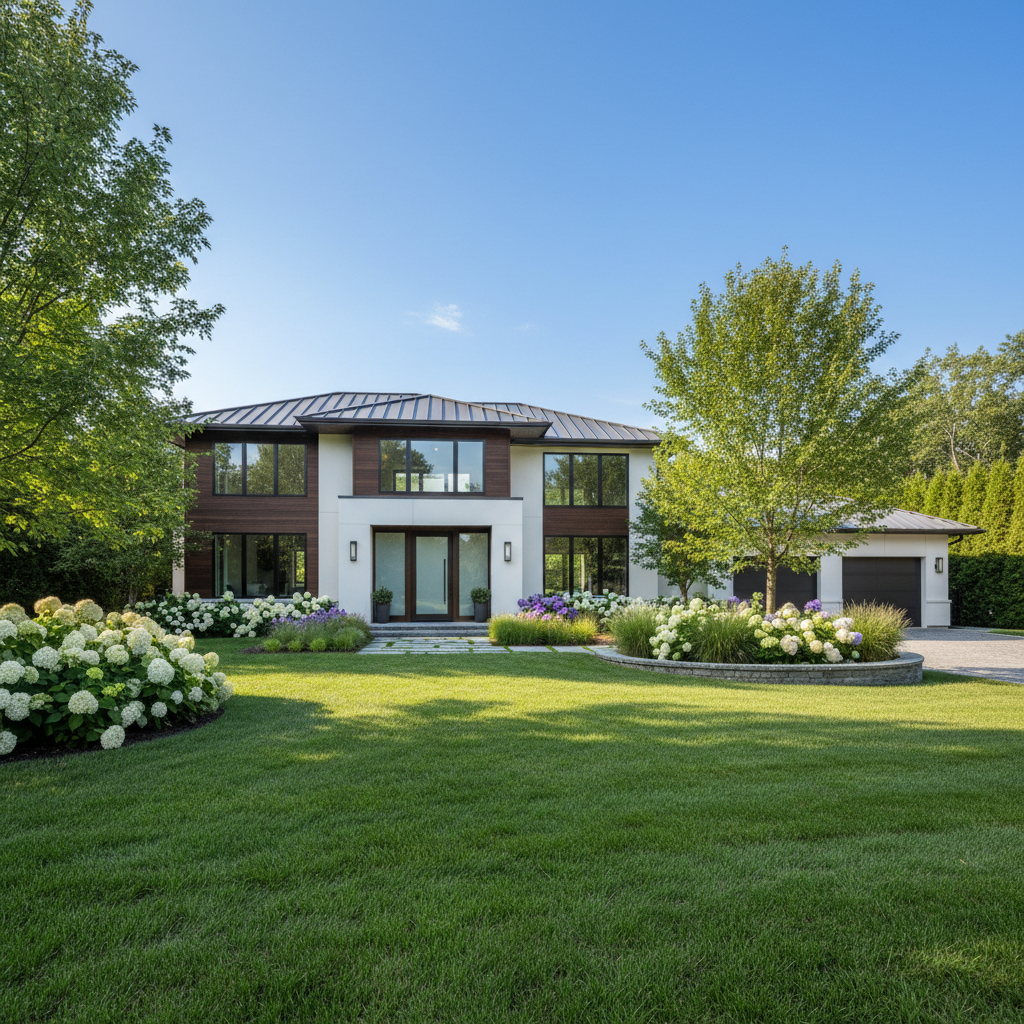 Luxury modern white residential home with large windows and manicured lawn in bright daylight