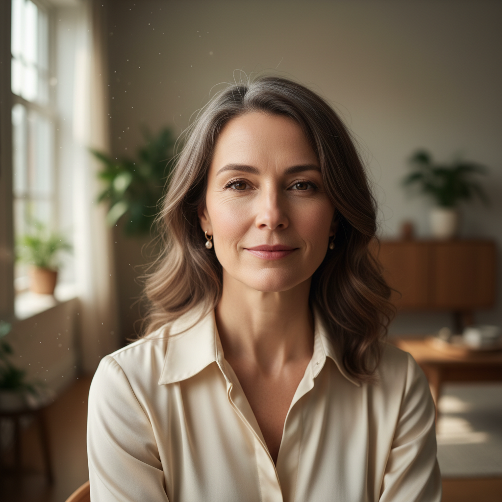 Confident woman in her late thirties, smiling softly — a mother who has protected her family