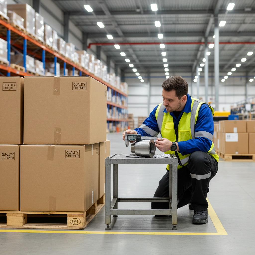 Quality inspector in high-visibility vest using digital caliper on warehouse floor with stacked cartons